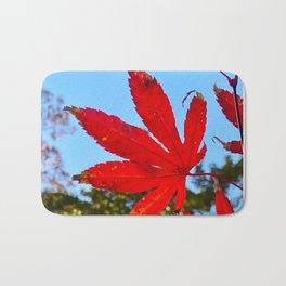 Red Leaf in Focus against the Blue Skies Bath Mat | Redleaf, Redleaves, Outdoor, Photo, Seasonal, Autumn, Color, Red, Fall 