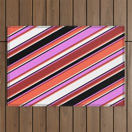 [ Thumbnail: Eye-catching Violet, Brown, Red, White & Black Colored Striped/Lined Pattern Outdoor Rug ]