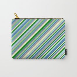 [ Thumbnail: Eye-catching Blue, Dark Gray, Light Yellow, Green, and Powder Blue Colored Lined Pattern Carry-All Pouch ]
