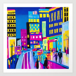 Neon City Square - Colorful Street Scene - Bold Urban Design Art Print