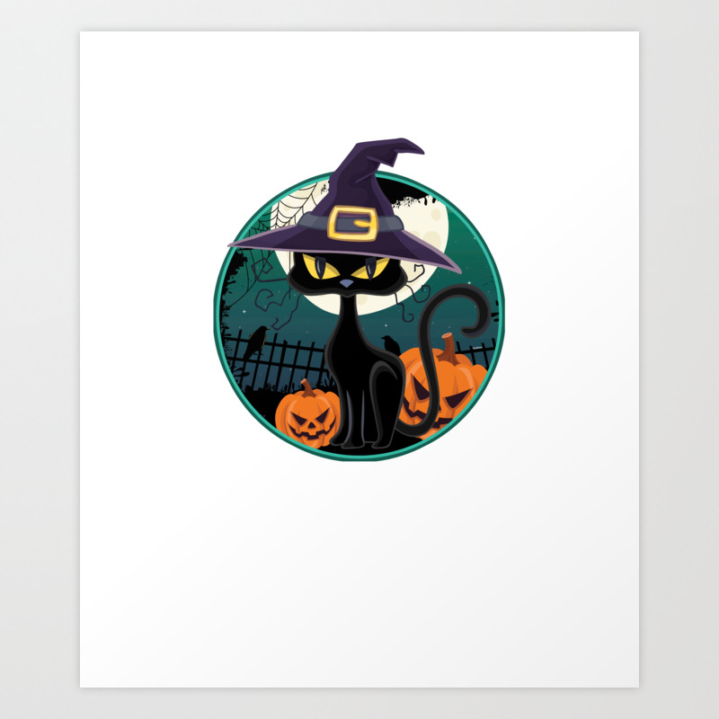 Cute Halloweeny Black Witch Cat Halloween Pumpkin Art Print By