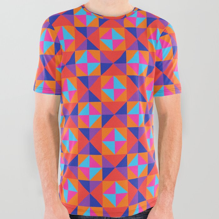 GEOMETRIC SQUARE CHECKERBOARD TILES in GLAM 70s DISCO REVIVAL RAINBOW COLOURS PINK PURPLE RED ORANGE All Over Graphic Tee