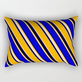[ Thumbnail: Orange, Tan, Blue, and Black Colored Striped Pattern Rectangular Pillow ]