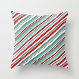 [ Thumbnail: Eyecatching Aquamarine, Powder Blue, Red, Light Cyan, and Gray Colored Lines Pattern Throw Pillow ]