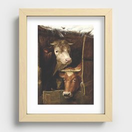 Cow Artwork of two  1800's Cows in an Antique and Vintage Looking Farming Scene  Recessed Framed Print