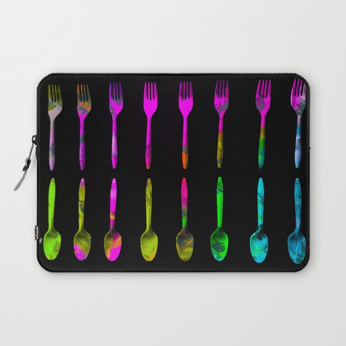 fork and spoon pattern in pink blue yellow with black background Laptop Sleeve