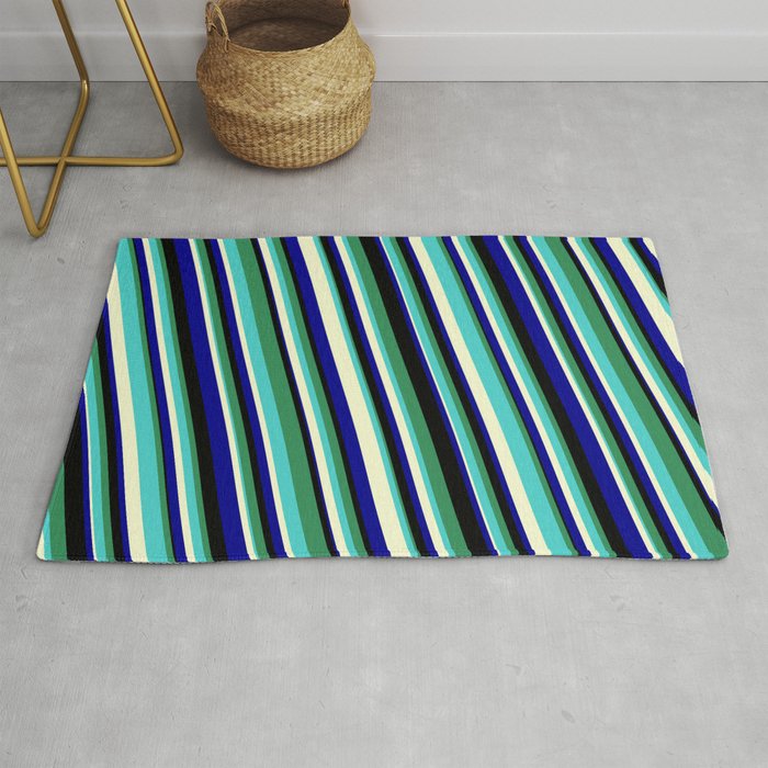 Eyecatching Sea Green, Turquoise, Light Yellow, Dark Blue, and Black Colored Stripes/Lines Pattern Rug