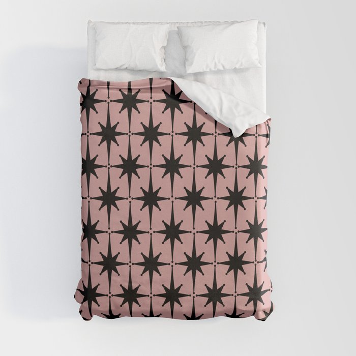 Atomic Age 1950s Retro Starburst Pattern in Black and 50s Dusty Blush Pink Duvet Cover