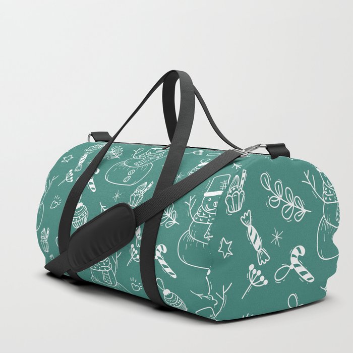 Green Blue and White Christmas Snowman Doodle Pattern Duffle Bag