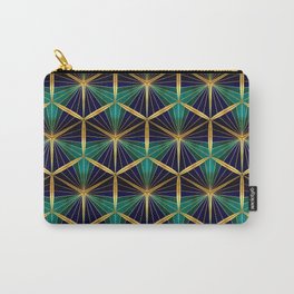 Gold Foil Hexagons in Deep Blue Sea Shades on Black Carry-All Pouch