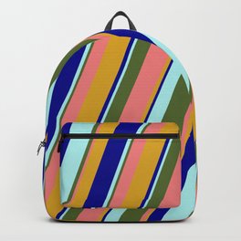 [ Thumbnail: Colorful Dark Olive Green, Light Coral, Goldenrod, Dark Blue, and Turquoise Colored Lined Pattern Backpack ]