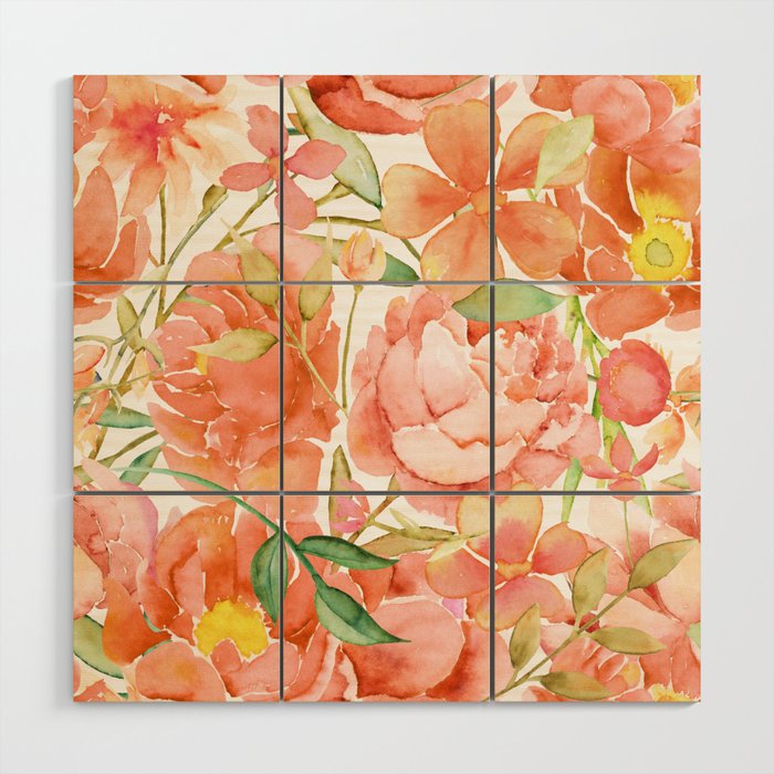 Coral Watercolor English Garden Flowers Wood Wall Art