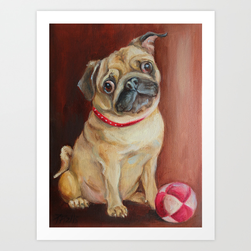 Pug Dog Portrait Cute Pet With Ball Oil Painting On Canvas Art