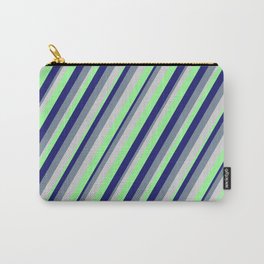 [ Thumbnail: Light Grey, Green, Midnight Blue, and Light Slate Gray Colored Stripes/Lines Pattern Carry-All Pouch ]