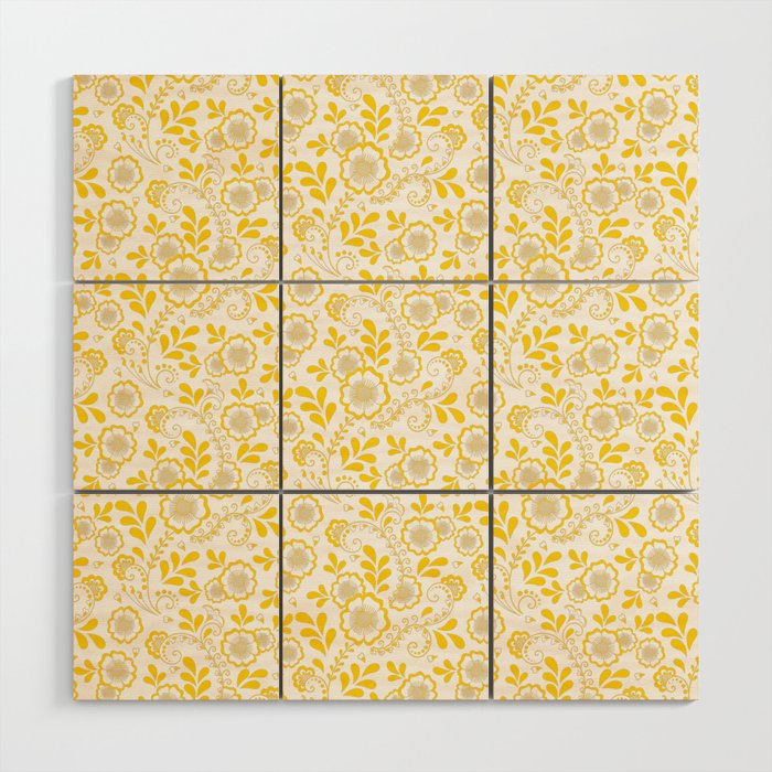 Yellow Eastern Floral Pattern Wood Wall Art