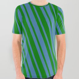 [ Thumbnail: Blue and Green Colored Lines Pattern All Over Graphic Tee ]