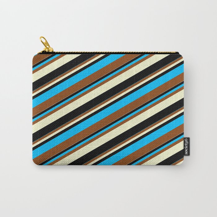 Deep Sky Blue, Brown, Light Yellow & Black Colored Lines Pattern Carry-All Pouch