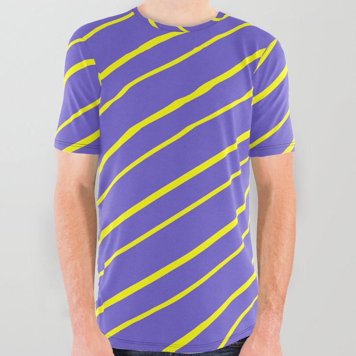 Slate Blue and Yellow Colored Striped Pattern All Over Graphic Tee