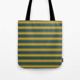 [ Thumbnail: Dark Slate Gray & Goldenrod Colored Pattern of Stripes Tote Bag ]