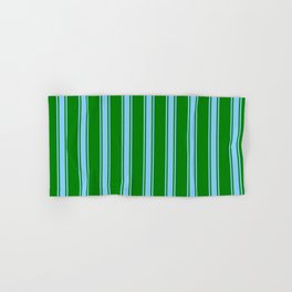 [ Thumbnail: Green and Light Sky Blue Colored Striped Pattern Hand & Bath Towel ]