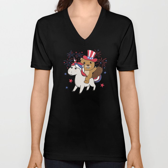 Beaver With Unicorn For Fourth Of July Fireworks V Neck T Shirt
