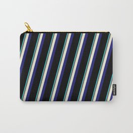 [ Thumbnail: Eye-catching Aqua, Dim Gray, Beige, Midnight Blue & Black Colored Stripes Pattern Carry-All Pouch ]