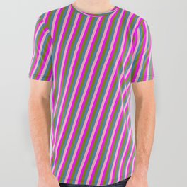 [ Thumbnail: Blue, Light Pink, Fuchsia & Green Colored Pattern of Stripes All Over Graphic Tee ]