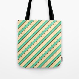 [ Thumbnail: Beige, Sea Green, Aquamarine & Brown Colored Lines Pattern Tote Bag ]
