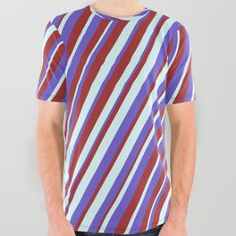 [ Thumbnail: Light Cyan, Slate Blue, and Brown Colored Lined/Striped Pattern All Over Graphic Tee ]