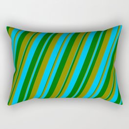 [ Thumbnail: Dark Green, Green, and Deep Sky Blue Colored Lined Pattern Rectangular Pillow ]