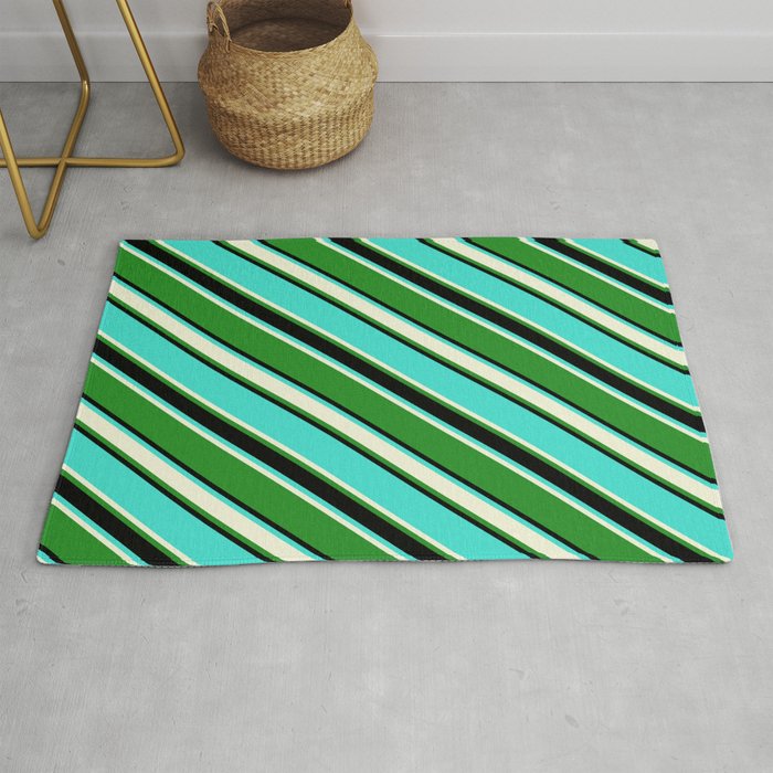 Turquoise, Beige, Forest Green, and Black Colored Lined Pattern Rug