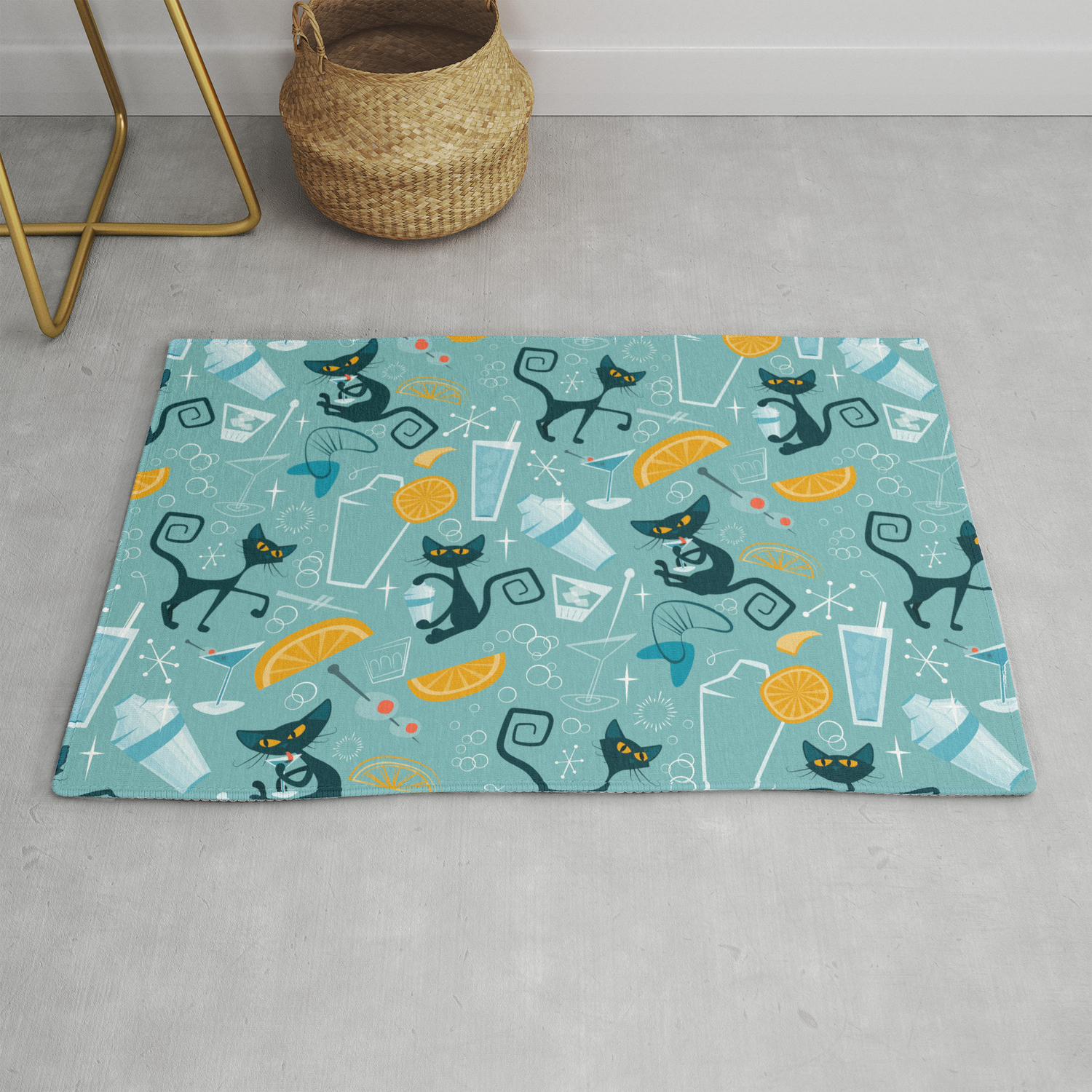 Mid Century Modern Atomic Style Cats And Cocktails Rug By Flightlesskiwis Society6