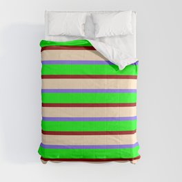[ Thumbnail: Medium Slate Blue, Lime, Dark Red, and Bisque Colored Lines/Stripes Pattern Comforter ]