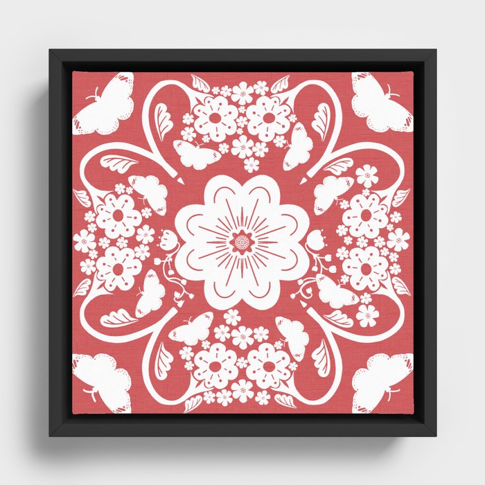 Retro Modern Butterflies And Flowers Silhouette Bandana Red Framed Canvas