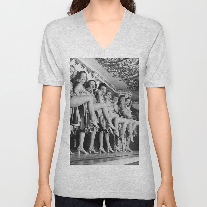 Chorus line of women with legs lifted V Neck T Shirt