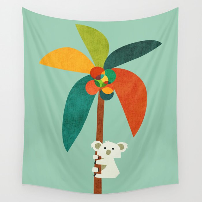 Koala on Coconut Tree Wall Tapestry