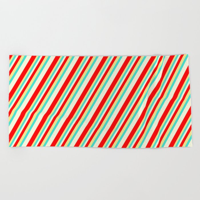 Beige, Red, Tan, and Turquoise Colored Striped Pattern Beach Towel