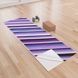 [ Thumbnail: Purple, Blue, Violet, White & Black Colored Stripes Pattern Yoga Towel ]