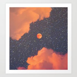 GLITTER SKY | sparkle | warm | moon | orange | blue | nature | collage | minimalism | stars | bling  Art Print