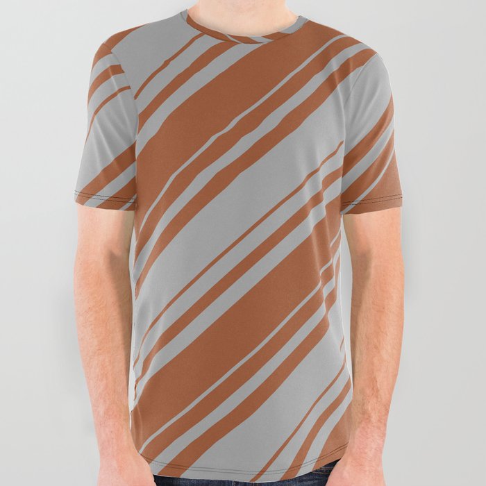 Dark Gray and Sienna Colored Striped/Lined Pattern All Over Graphic Tee