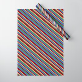 [ Thumbnail: Dark Red, Light Salmon, Sea Green & Royal Blue Colored Lined Pattern Wrapping Paper ]