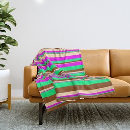 [ Thumbnail: Tan, Fuchsia, Green & Brown Colored Striped Pattern Throw Blanket ]