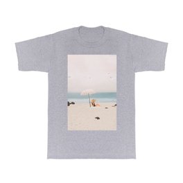Beach Morning II T Shirt | Ocean, Black And White, Pattern, Minimalism, Vintage, Digital, Abstract, Girl, Beach, Woman 