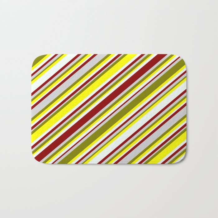 Eyecatching Green, Yellow, Mint Cream, Dark Red, and Light Gray Colored Lined Pattern Bath Mat