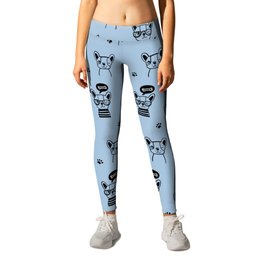 Pale Blue and Black Hand Drawn Dog Puppy Pattern Leggings