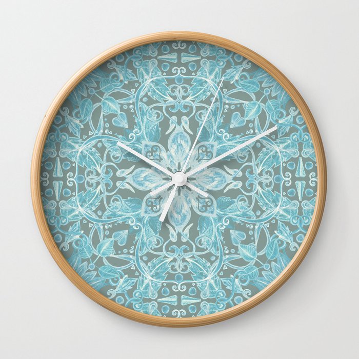 Soft Teal Blue & Grey hand drawn floral pattern Wall Clock