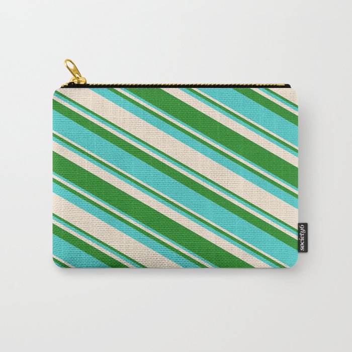 Forest Green, Turquoise & Beige Colored Striped Pattern Carry-All Pouch