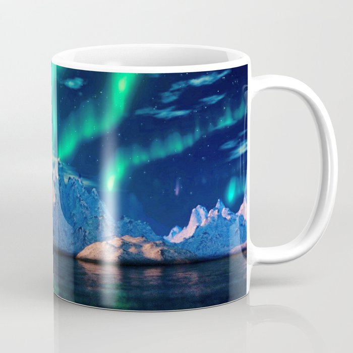 Northern Lights On Snowy Mountains | Aurora Borealis | Night Sky | Winter | Scenic | Nature Photography Art Coffee Mug