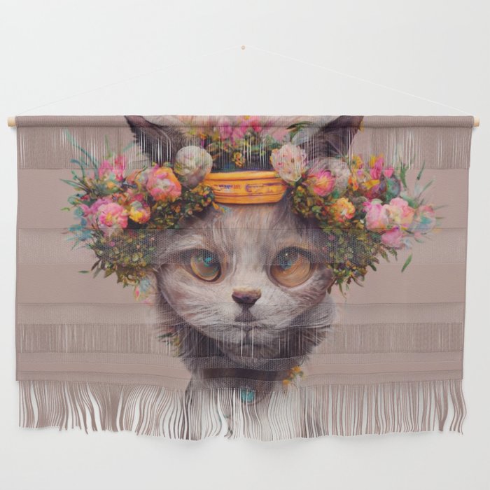 Cat with Flower Crown Portrait Wall Hanging