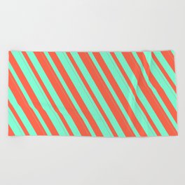 [ Thumbnail: Red & Aquamarine Colored Stripes Pattern Beach Towel ]
